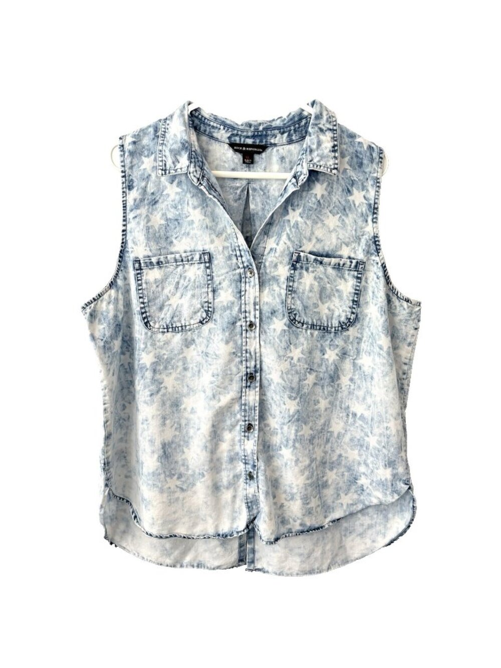 Rock & Republic Women’s XL Chambray Patriotic Tank Top Blue Stars USA July 4th